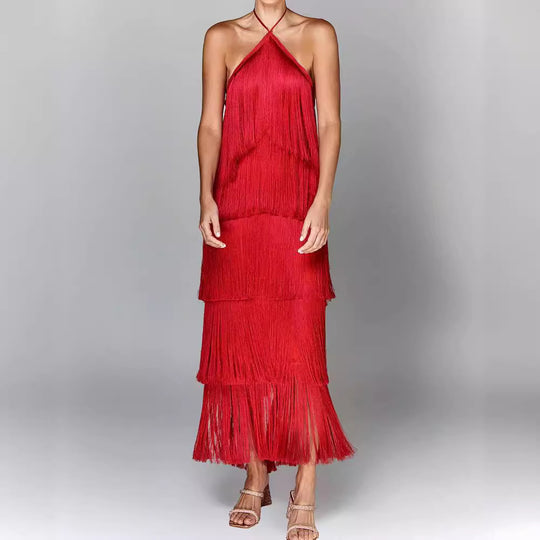 Damen Glamouröses Maxikleid mit Fransen und schulterfreiem Design R&B