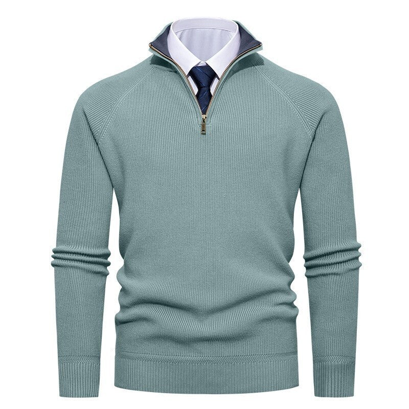 Herren nan feiner Strickpullover mit Halbzip, strukturierter Rippoptik und innen kontrastiertem Stehkragen R&B