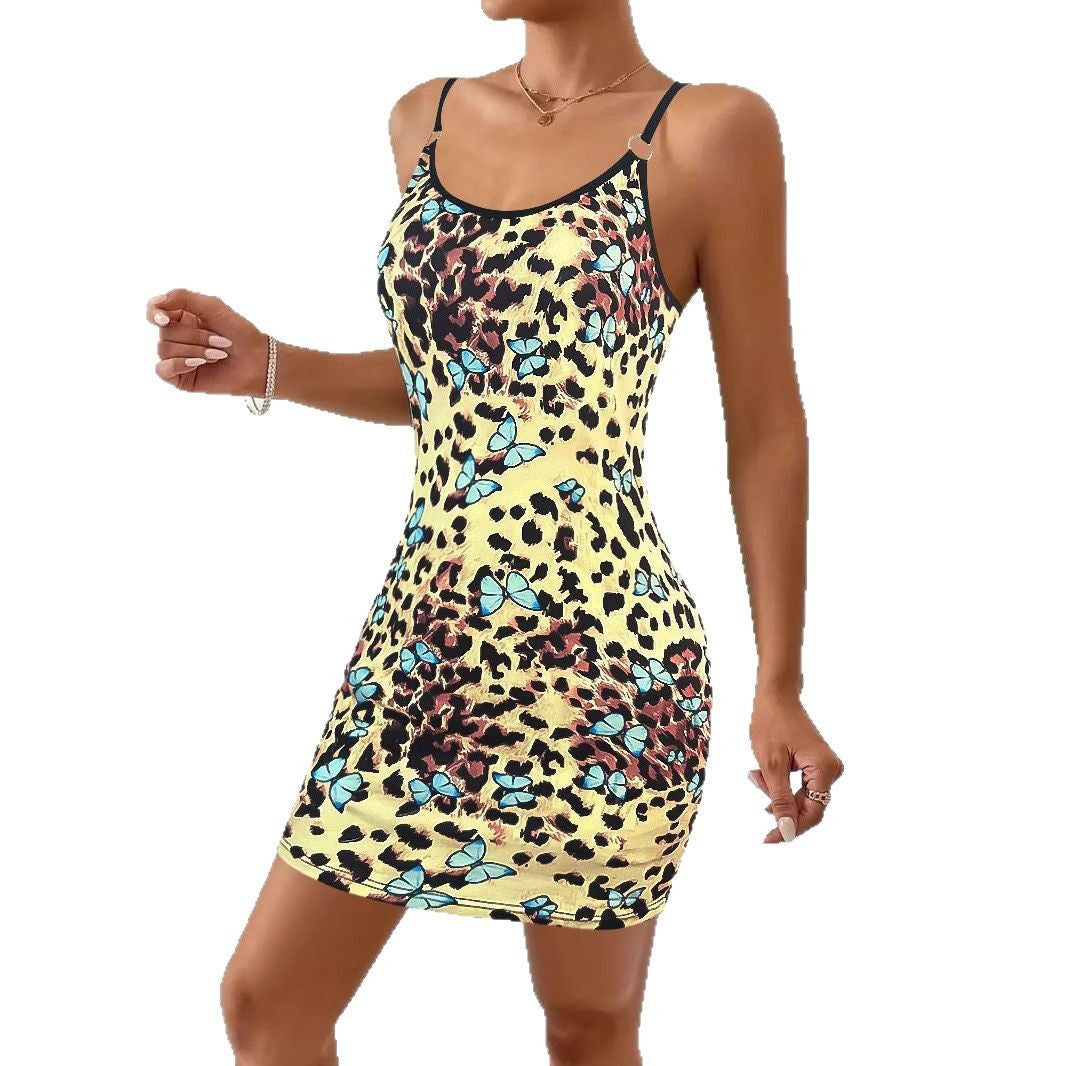 Damen Minikleid mit floralem Tierdruck und verstellbaren Spaghettiträgern R&B