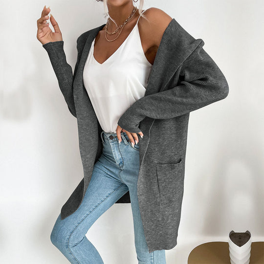 Damen Langärmlige Strickjacke mit Kapuze und seitlichen Taschen R&B