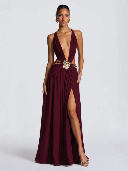 Damen Maxikleid mit tiefem V-Ausschnitt und elegantem Wickeldesign R&B
