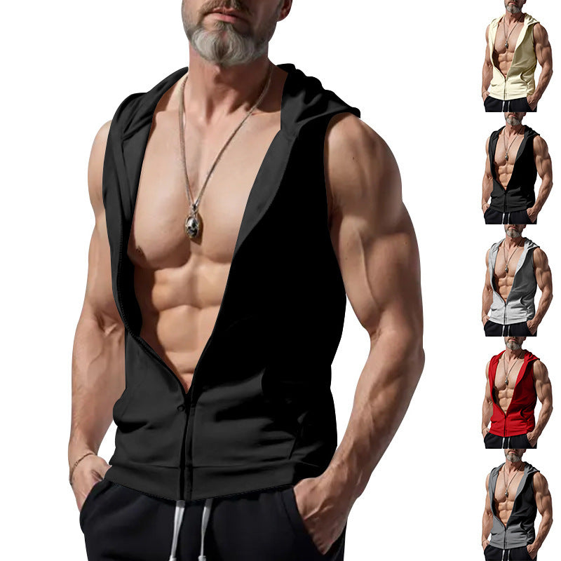 Herren ärmelloses Zip-Hoodie mit tiefem V-Ausschnitt und atmungsaktivem Material R&B