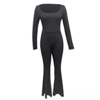 Damen Langarm Jumpsuit mit elegantem Quadrat-Ausschnitt und weitem Bein R&B