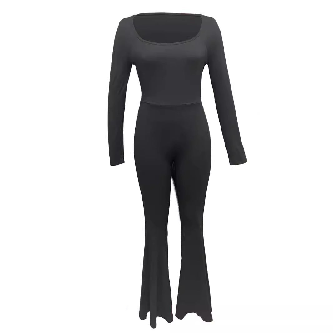 Damen Langarm Jumpsuit mit elegantem Quadrat-Ausschnitt und weitem Bein R&B