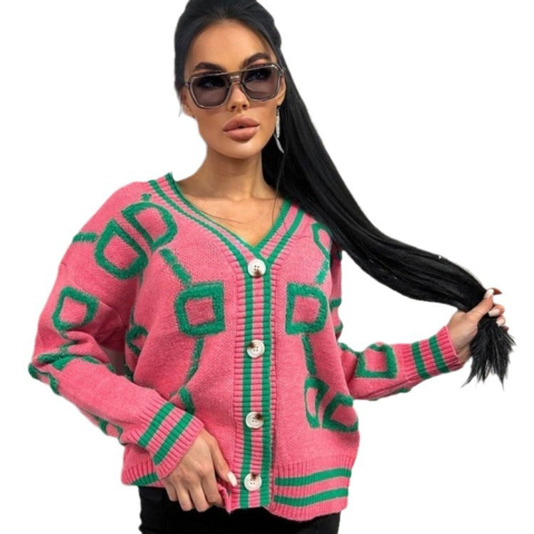 Damen kurz geschnittener Strickcardigan mit geometrischem Muster und Knopfdetails R&B