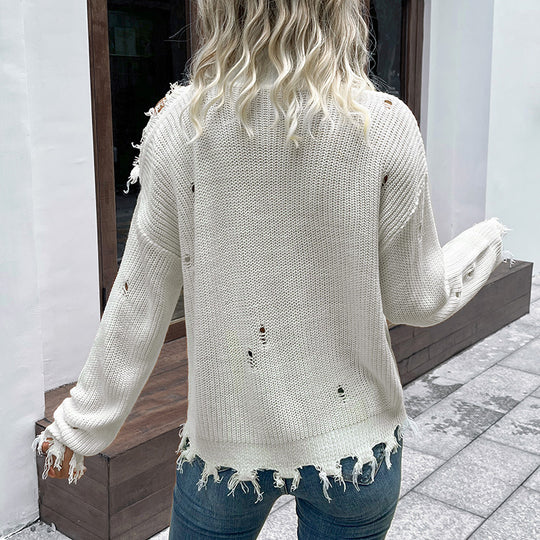 Damen lässiger Strickpullover mit lässigem Lochdesign und weiten Ärmeln R&B