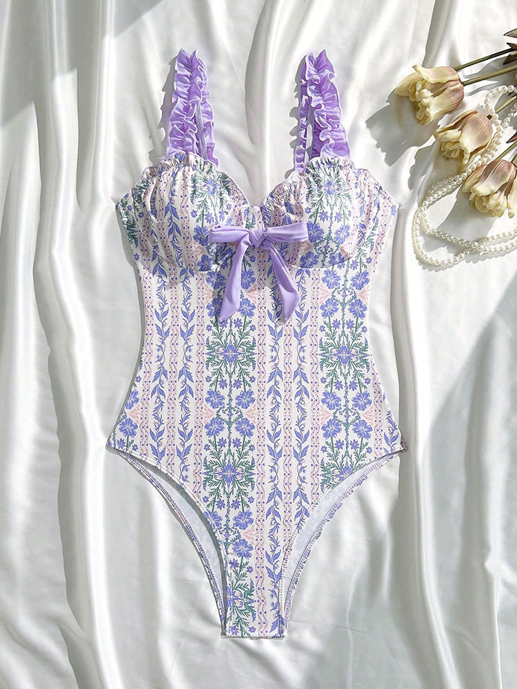 Damen Einteiler Badeanzug mit verspieltem Floral-Muster und Rüschendetails R&B