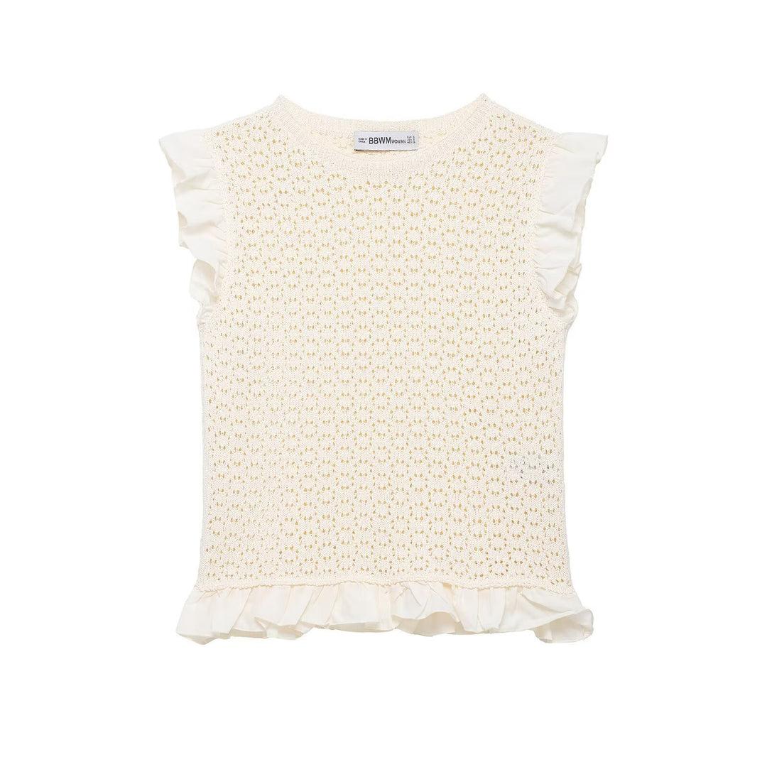 Damen Rüschenshirt mit feiner Lochstickerei und gerafftem Saum R&B