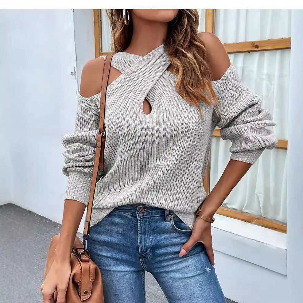 Damen Strickpullover mit asymmetrischem Ausschnitt und offenen Schultern R&B