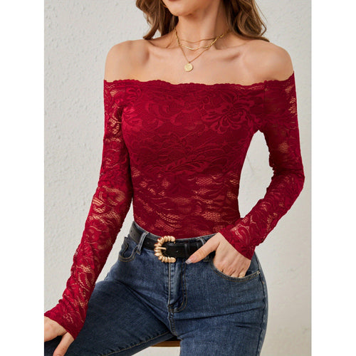 Damen Spitzenbody mit schulterfreiem Design und langen Ärmeln R&B