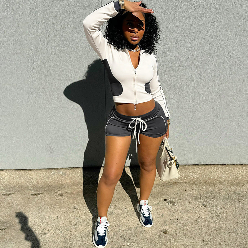 Damen Sportliches Kurzarm-Set mit Reißverschluss und Shorts R&B