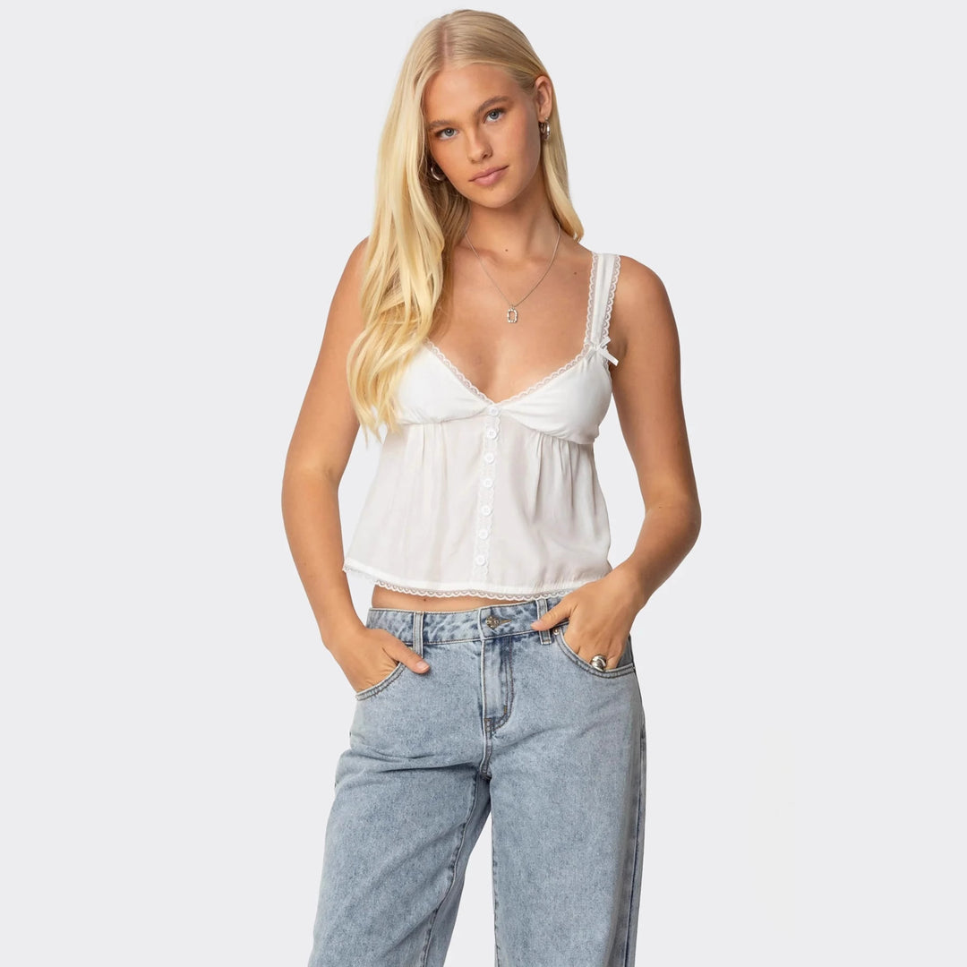 Damen Crop-Top aus feiner Baumwolle mit dekorativen Knopfdetails R&B
