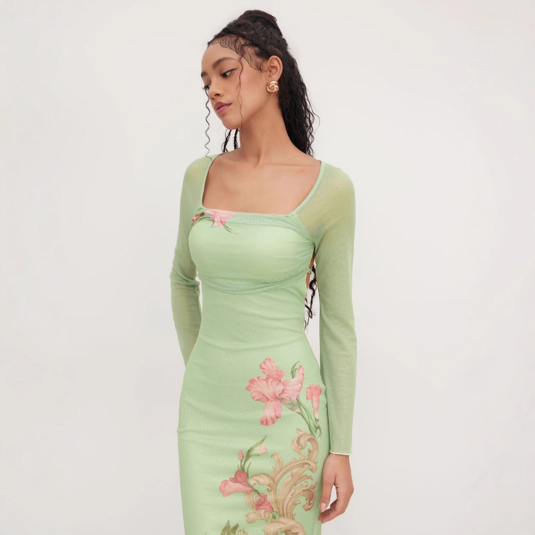 Damen elegantes Midikleid mit floralem Design und transparenten Longsleeves R&B