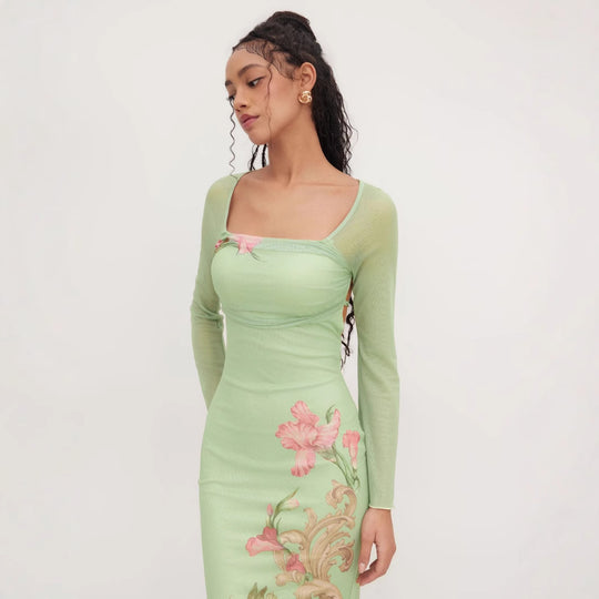 Damen elegantes Midikleid mit floralem Design und transparenten Longsleeves R&B