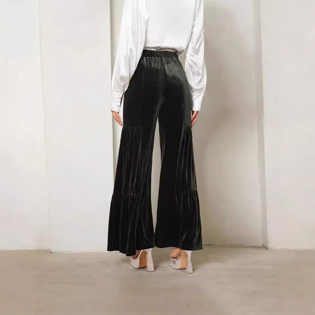 Damen Elegante Samt-Hosen mit Weitem Bein und Hohem Bund R&B