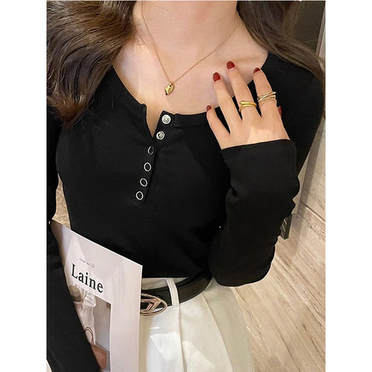 Damen Langarmshirt mit Knopfleiste und feiner Rippstruktur