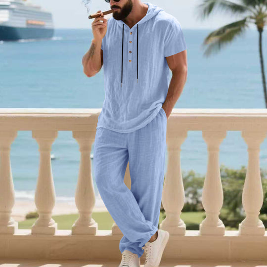 Herren komfortables Freizeit-Set mit modischem Henley-Oberteil und lockeren Hosen R&B