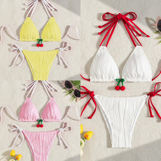 Damen Ripp-Design Triangel-Bikini mit verspieltem Kirschen-Detail R&B