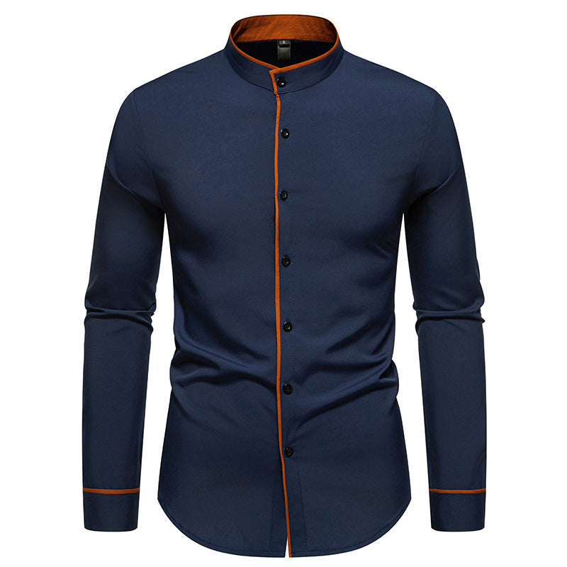 Herren Langarmhemd mit modernem Stehkragen und gesticktem Detail R&B