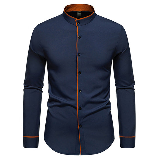 Herren Langarmhemd mit modernem Stehkragen und gesticktem Detail R&B