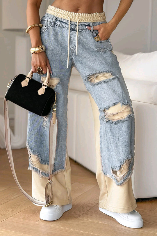 Damen nan weite Patchwork-Jeans mit elastischem Tunnelzugbund, Destroy-Look und kontrastierenden Sweat-Einsätzen R&B