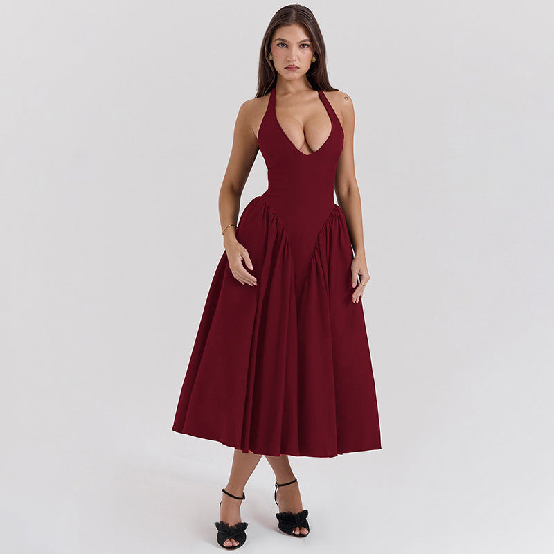 Damen Maxikleid mit elegantem Halterneck und voluminösem Rock Heidi-Mode