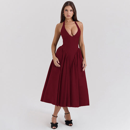 Damen nan figurschmeichelndes Neckholder-Bustier-Midikleid mit taillierter Miederform und weitem Tellerrock R&B
