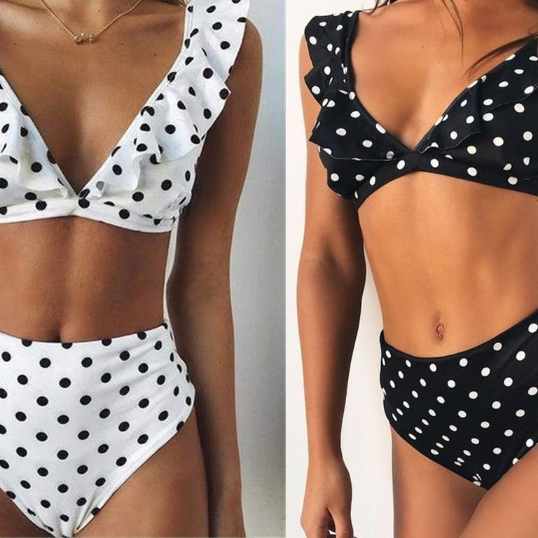 Damen Hoch tailliertes Bikini-Set mit verspielten Rüschen und Pünktchen R&B