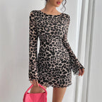 Damen Minikleid aus leichter Rückenfreier Spitze mit Leopardenmuster R&B