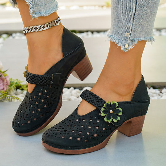 Damen elegante Pantoletten mit floralem Dekor und geflochtenem Riemen R&B