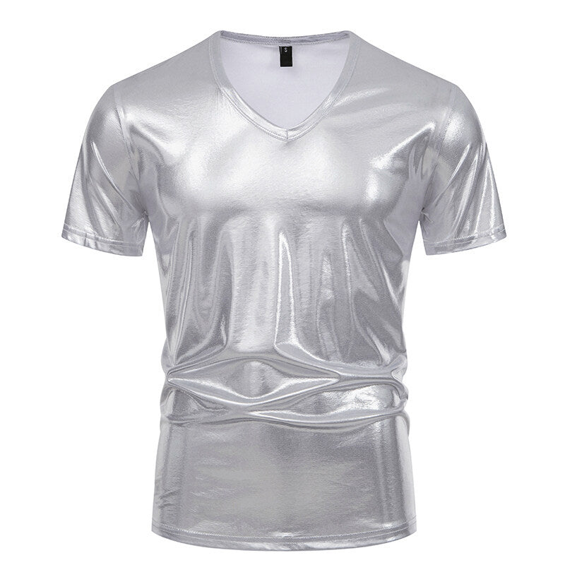 Herren V-Ausschnitt T-Shirt aus glänzendem Material mit persönlichem Stil R&B
