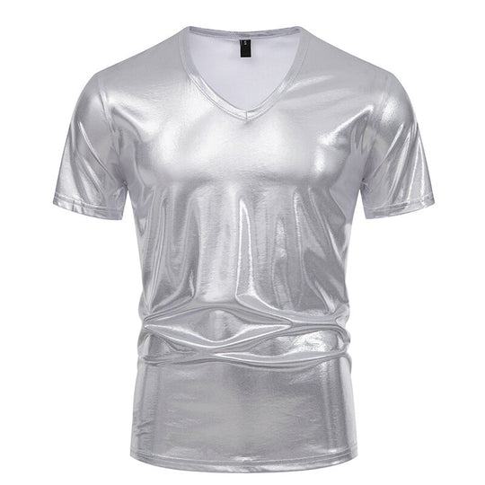 Herren V-Ausschnitt T-Shirt aus glänzendem Material mit persönlichem Stil R&B