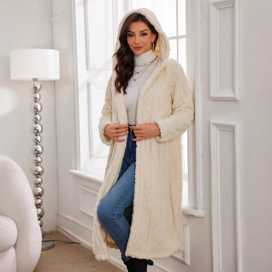 Damen Langer Plüsch-Mantel mit Kapuze R&B