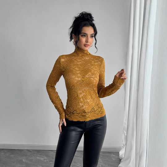 Damen Langarm Spitzenbody mit hohem Kragen R&B