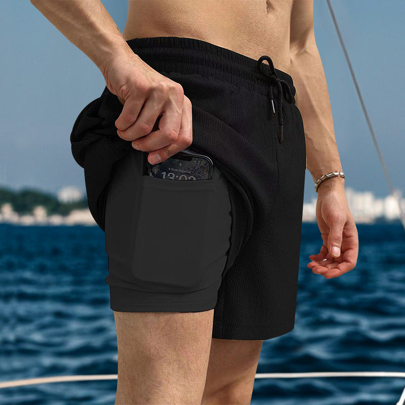Herren nan zweilagige Badeshorts mit integrierter Kompressions-Innenhose und versteckter Handytasche R&B