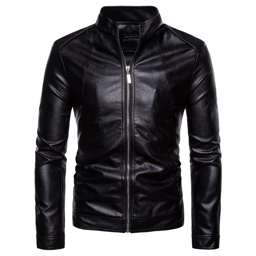 Herren elegante Kunstlederjacke mit Stehkragen R&B