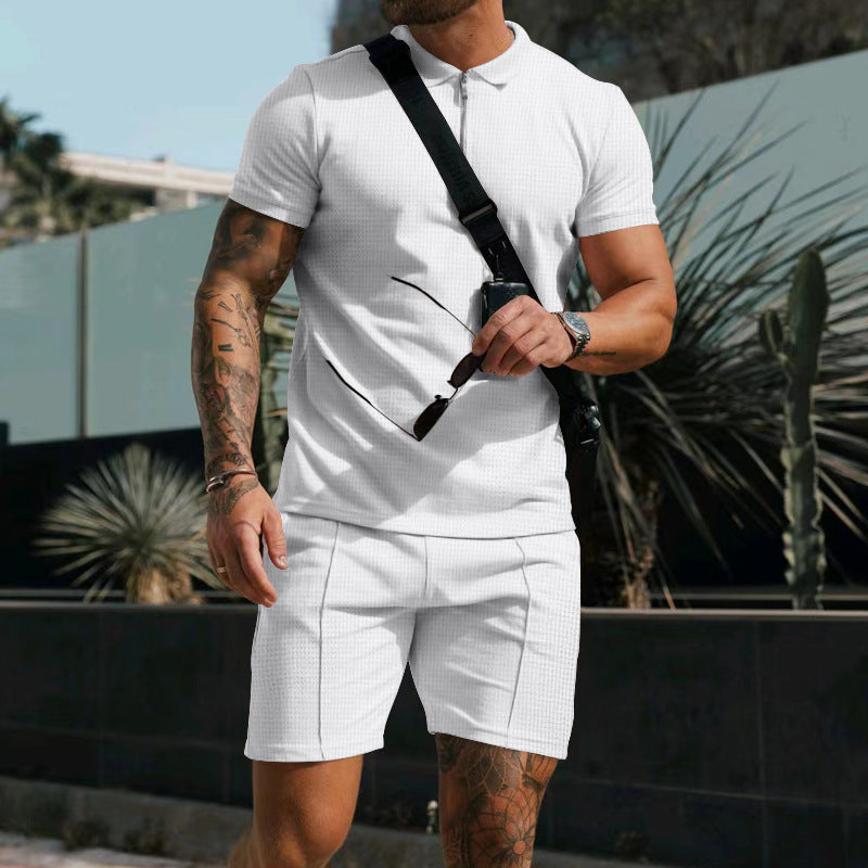 Herren nan sportives Poloshirt- und Chino-Shorts-Set mit halbem Reißverschluss, strukturiertem Jersey und dezenter Bügelfalte R&B