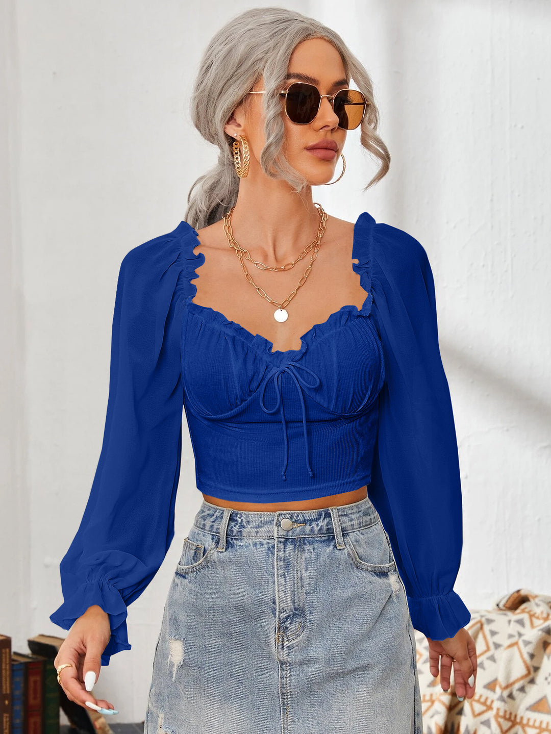 Damen Cropped-Bluse mit Rüschen und eleganten Puffärmeln R&B