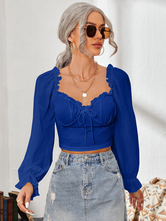 Damen Cropped-Bluse mit Rüschen und eleganten Puffärmeln R&B