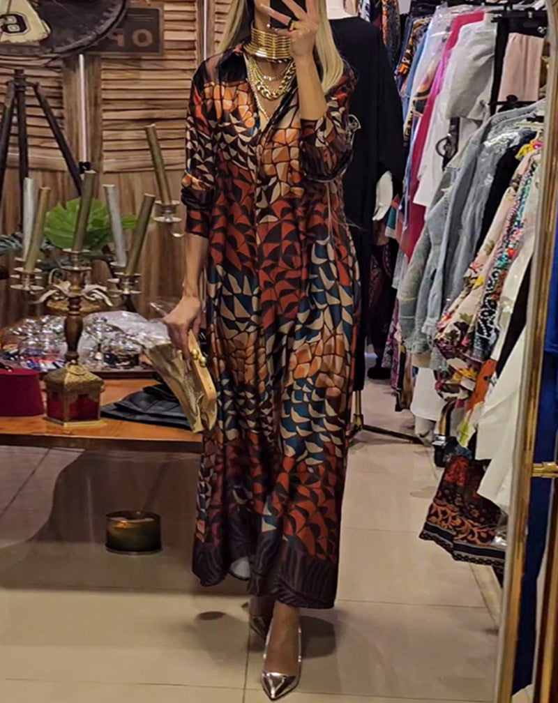 Damen nan fließendes Satin-Hemdkleid mit Hemdkragen, geometrischem Mosaikprint und legerer Maxilänge R&B