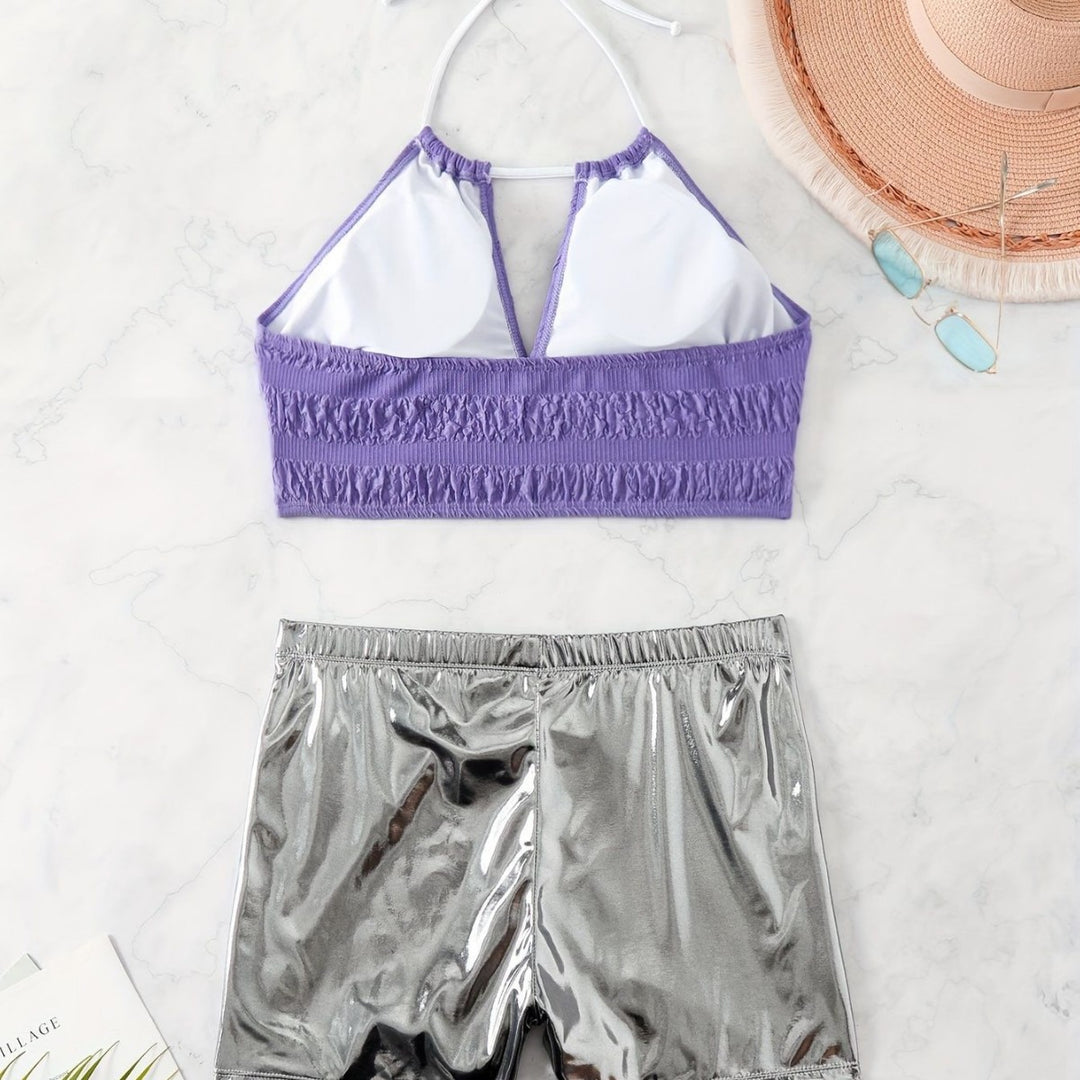 Damen Bikini-Set mit floralem Oberteil und hochglänzenden Shorts R&B
