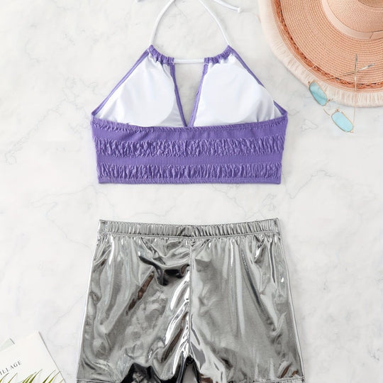 Damen Bikini-Set mit floralem Oberteil und hochglänzenden Shorts R&B