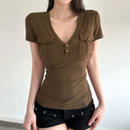 Damen Kurzarmshirt mit Knopfdetails und seitlichen Taschen R&B