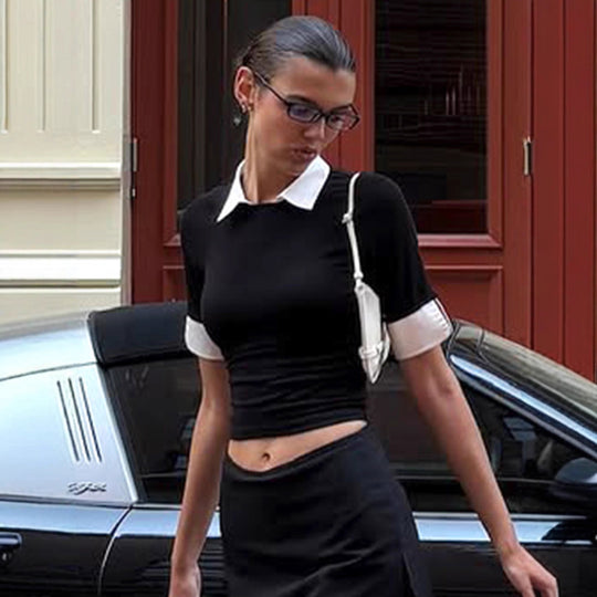 Damen Kurzarmoberteil mit elegantem Kragen und modischem Schnitt R&B