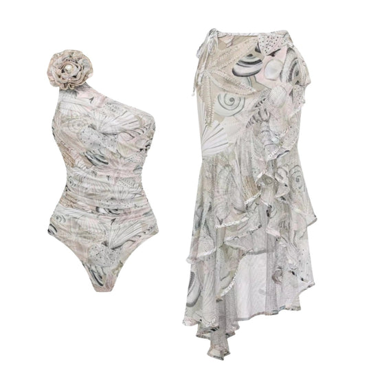 Damen Einseitiger Badeanzug mit floraler Applikation R&B