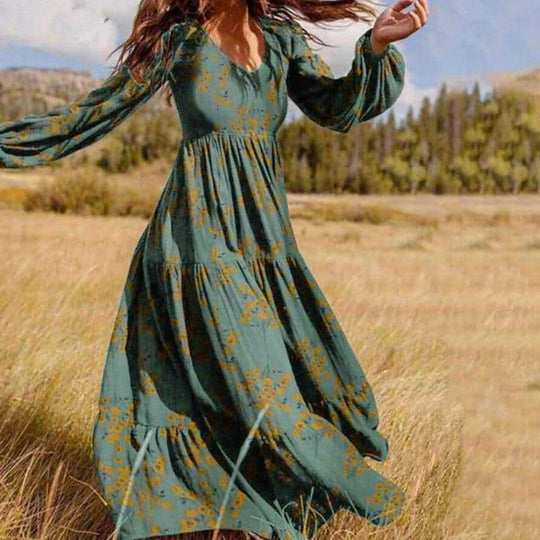 Damen Boho-Langarmkleid mit floralen Akzenten und schwingendem Saum R&B
