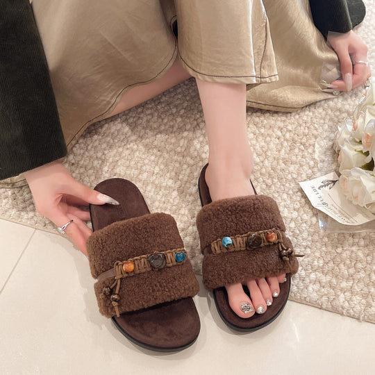 Damen Slipper mit kuscheligem Futter und dekorativer Perlenapplikation R&B