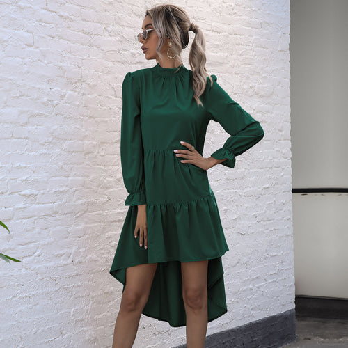 Damen elegantes, schwingendes Midi-Kleid mit Rüschen und langen Ärmeln R&B