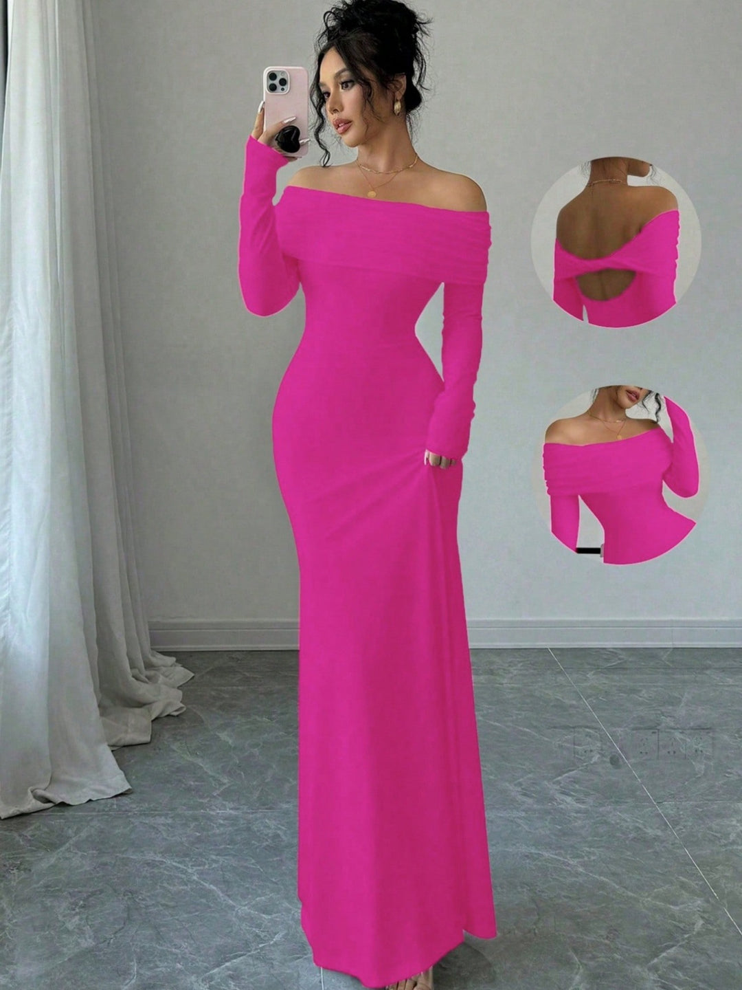 Damen Elegantes und figurbetontes Off-Shoulder Maxikleid mit langen Ärmeln R&B