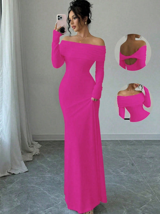 Damen Elegantes und figurbetontes Off-Shoulder Maxikleid mit langen Ärmeln R&B